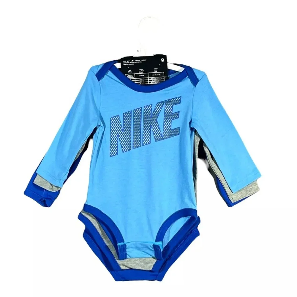 Nike Baby Boy's Long Sleeve Bodysuits Size 3-9 Months Blue/Multicolor 3-Pack Set